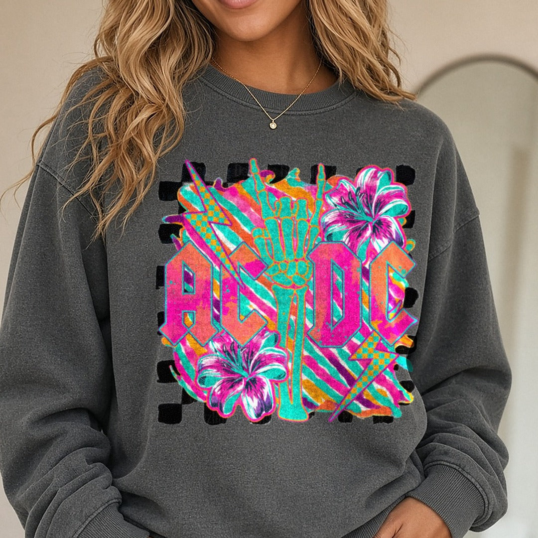 Rock Band Neon Lightning Logo Hibiscus Skeleton Hands DTF transfer shown on a Comfort Colors sweatshirt