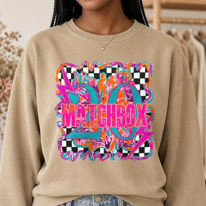 Rock Band Neon Pink 20 Checkered DTF transfer shown on a Comfort Colors sweatshirt