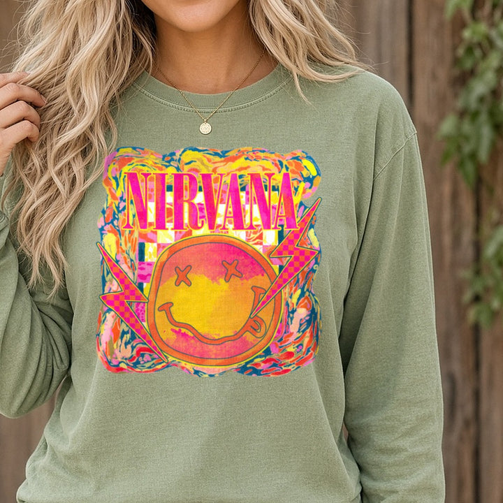 Rock Band Neon Smiley Face X Eyes Gold Letters DTF transfer shown on a Comfort Colors long sleeve tee