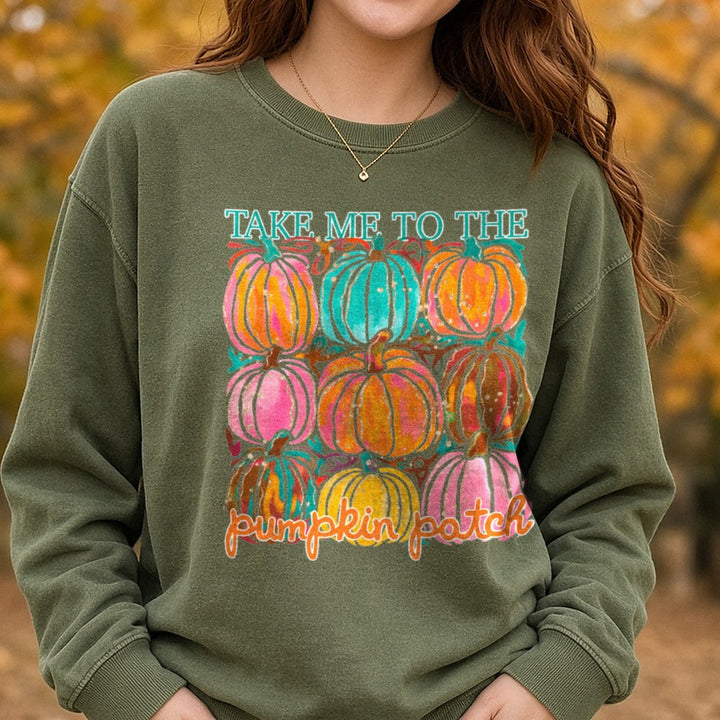 Take Me To The Pumpkin Patch DTF transfer shown on a Comfort Colors sweatshirt