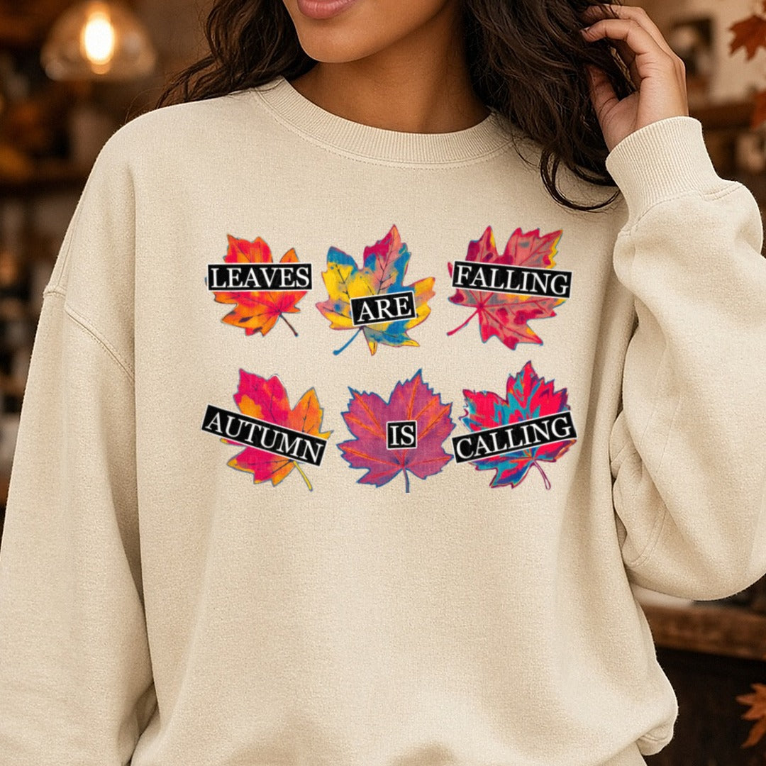 Leaves Are Falling Autmn Is Calling DTF transfer shown on a Comfort Colors sweatshirt