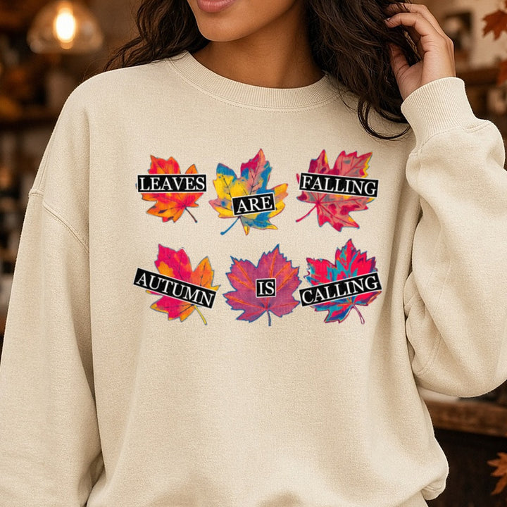 Leaves Are Falling Autmn Is Calling DTF transfer shown on a Comfort Colors sweatshirt