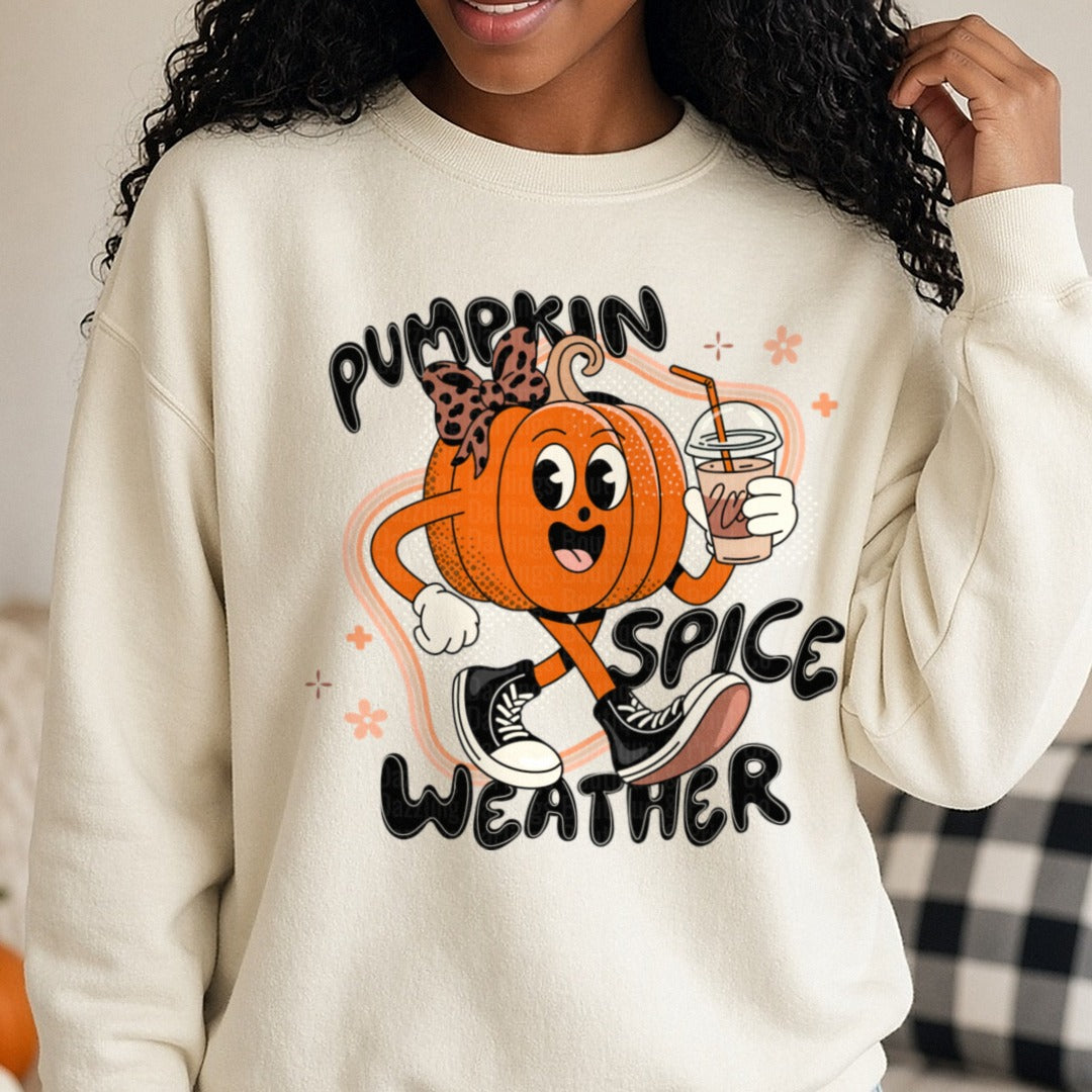 Pumpkin Spice Weather DTF transfer shown on a Comfort Colors sweatshirt