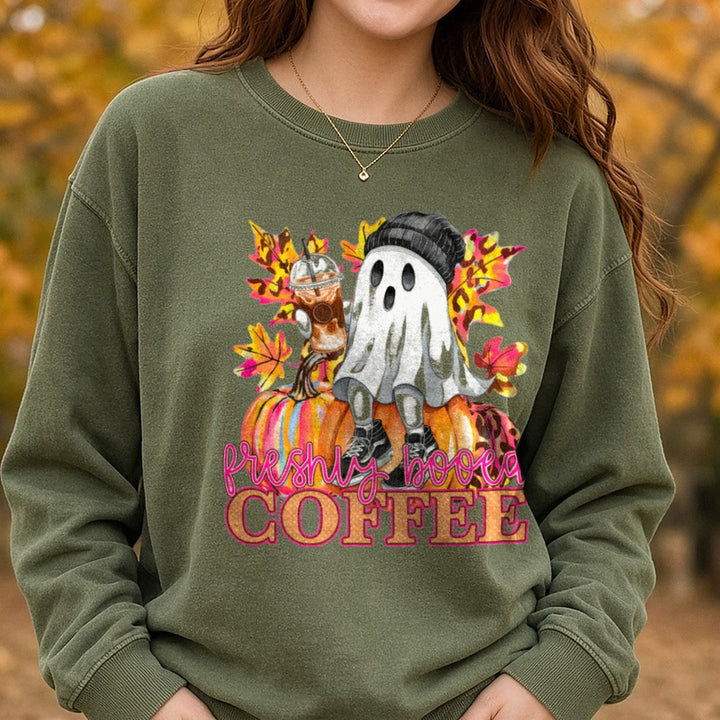 Freshly Booed Coffee DTF transfer shown on a Comfort Colors sweatshirt