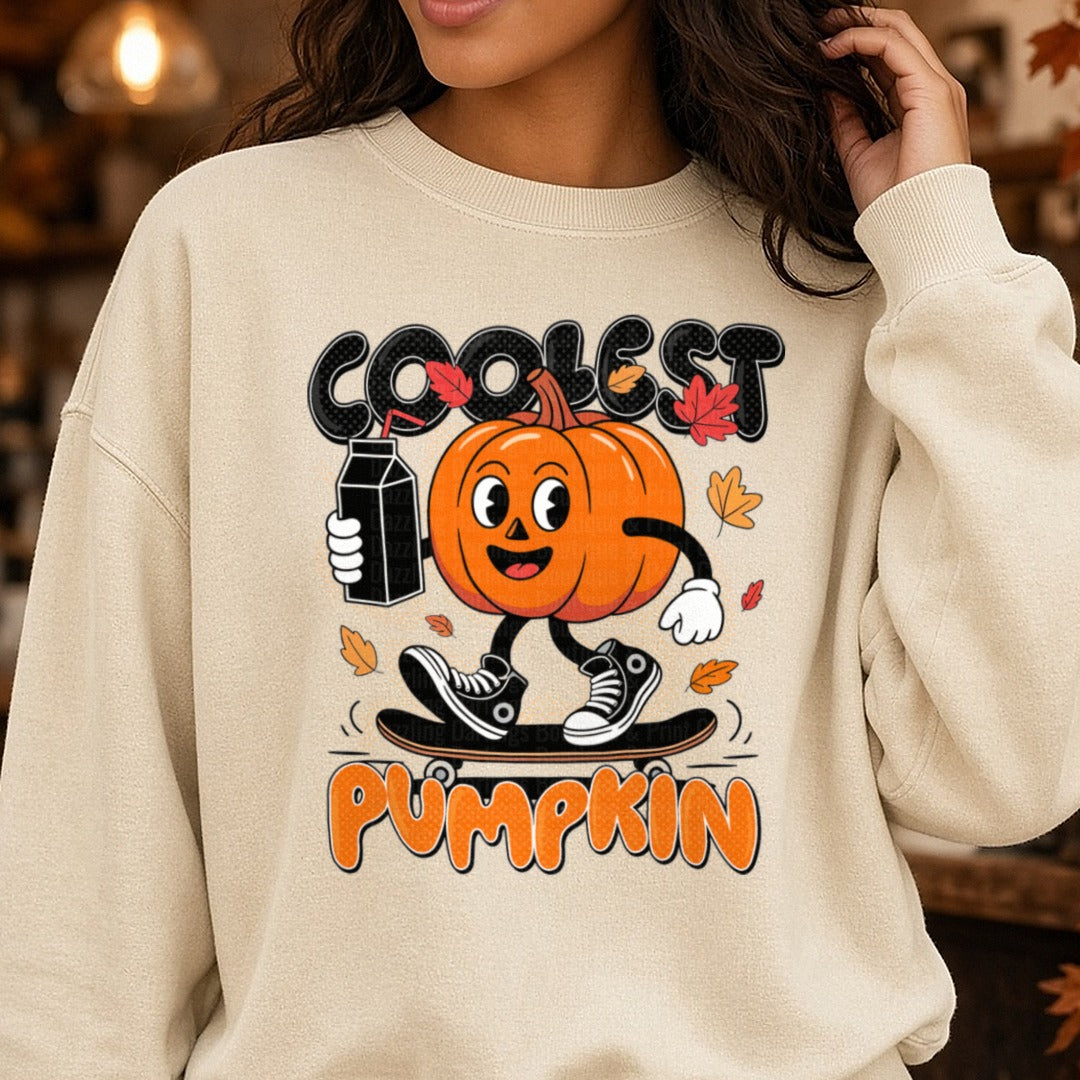 Coolest Pumpkin DTF transfer shown on a Comfort Colors sweatshirt