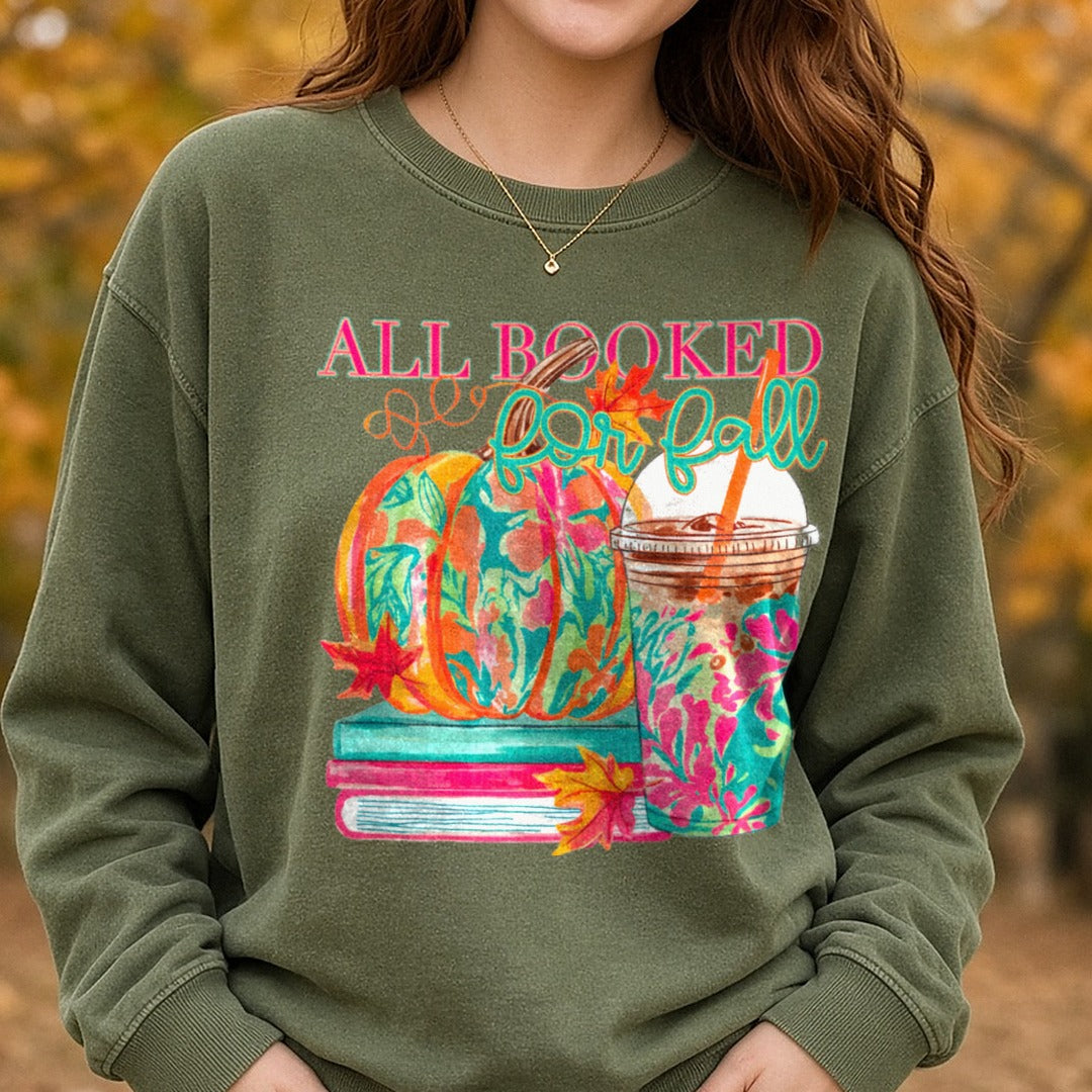All Booked For Fall DTF transfer shown on a Comfort Colors sweatshirt