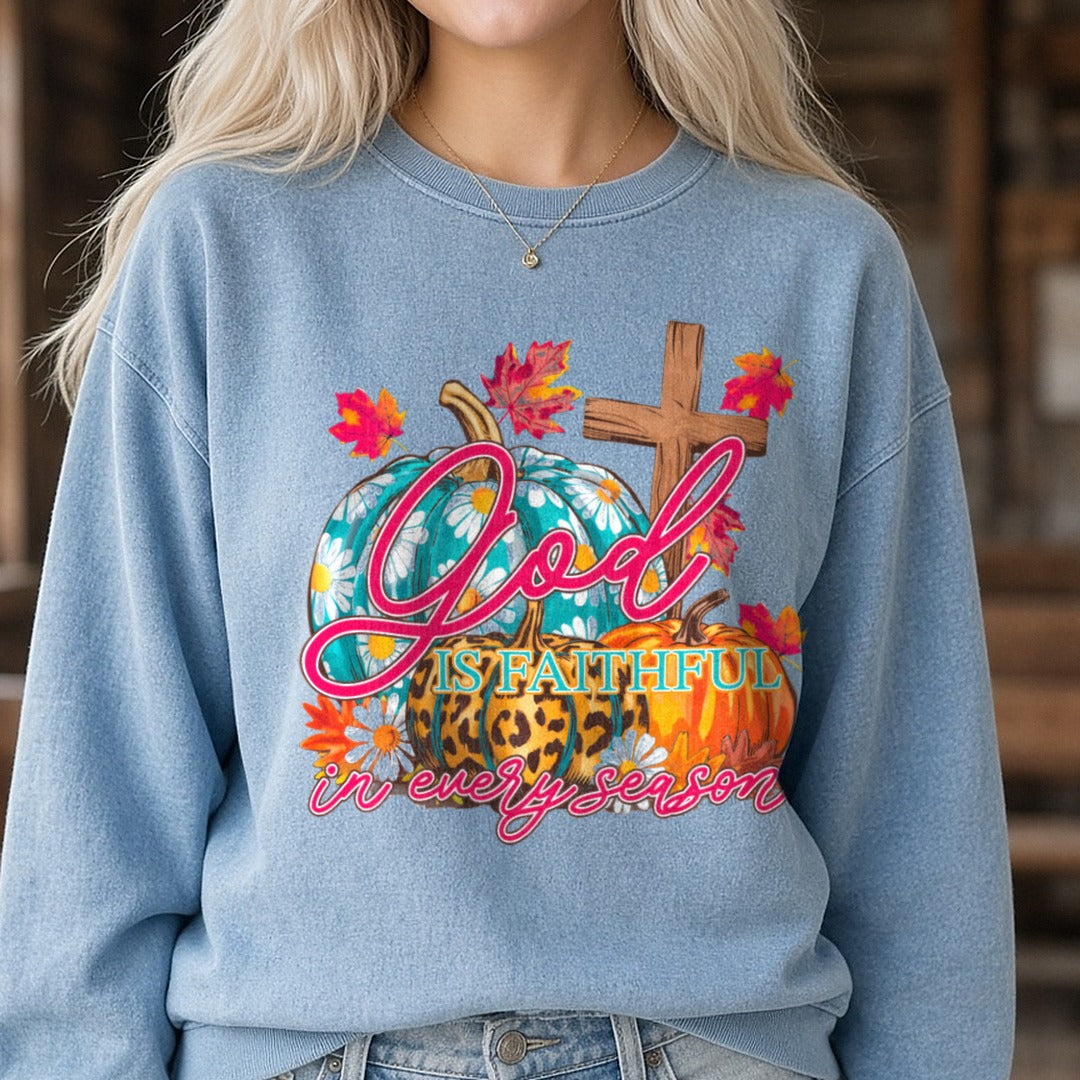 God Is Faithful DTF transfer shown on a Comfort Colors sweatshirt