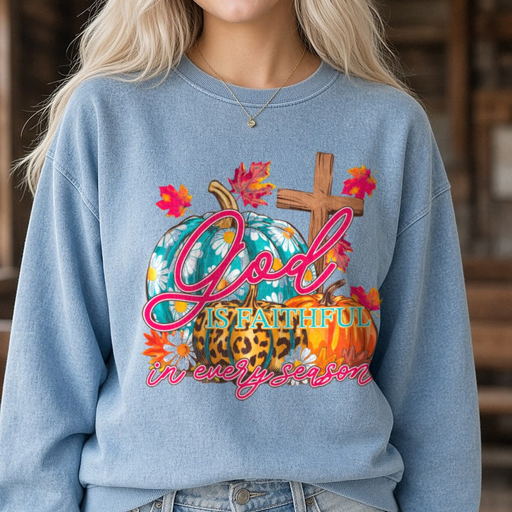 God Is Faithful DTF transfer shown on a Comfort Colors sweatshirt