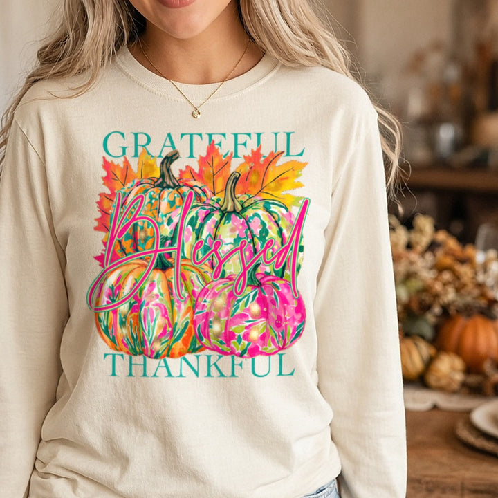 Grateful Thankful Blessed DTF transfer shown on a Comfort Colors long sleeve tee