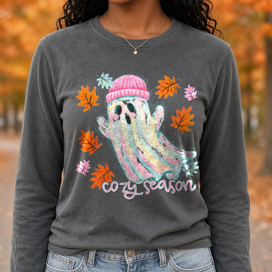 Cozy Season Pastel Ghost Pink Beanie Fall Leaves DTF transfer shown on a Comfort Colors long sleeve tee