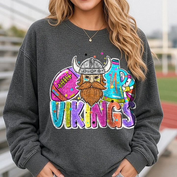 Vikings Football Cheer Bright DTF transfer shown on a Comfort Colors sweatshirt