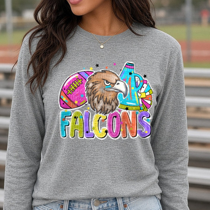 Falcons Football Cheer Bright DTF transfer shown on a Comfort Colors long sleeve tee