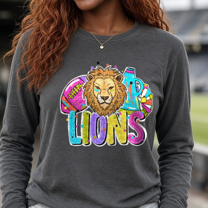 Lions Football Cheer Bright DTF transfer shown on a Comfort Colors long sleeve tee