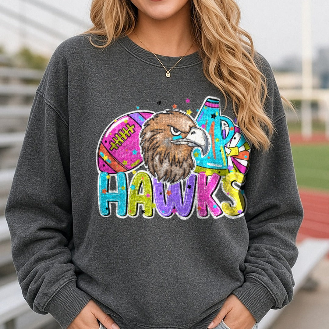 Hawks Football Cheer Bright DTF transfer shown on a Comfort Colors sweatshirt