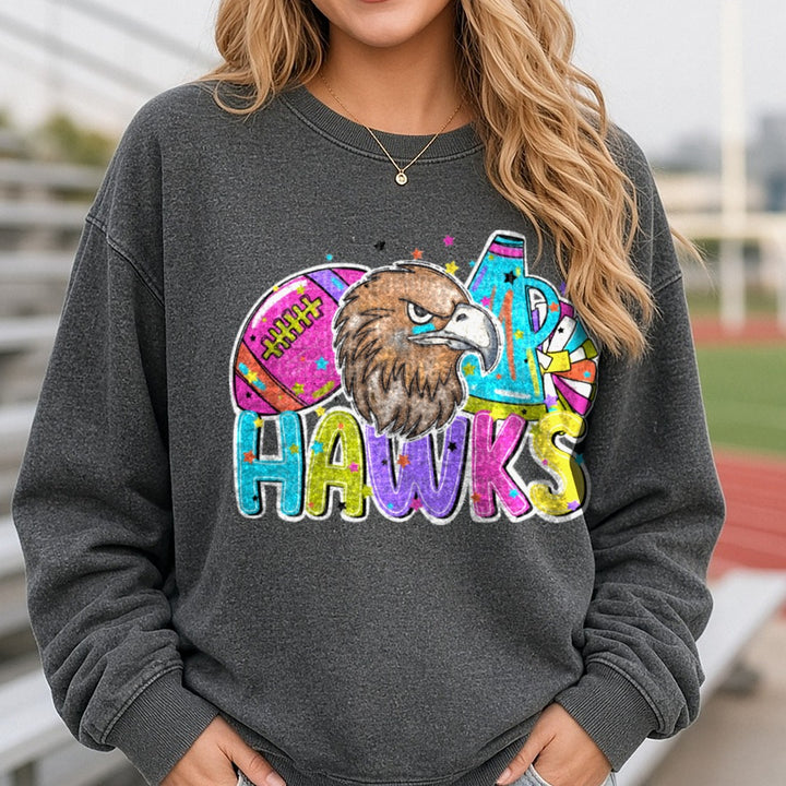Hawks Football Cheer Bright DTF transfer shown on a Comfort Colors sweatshirt