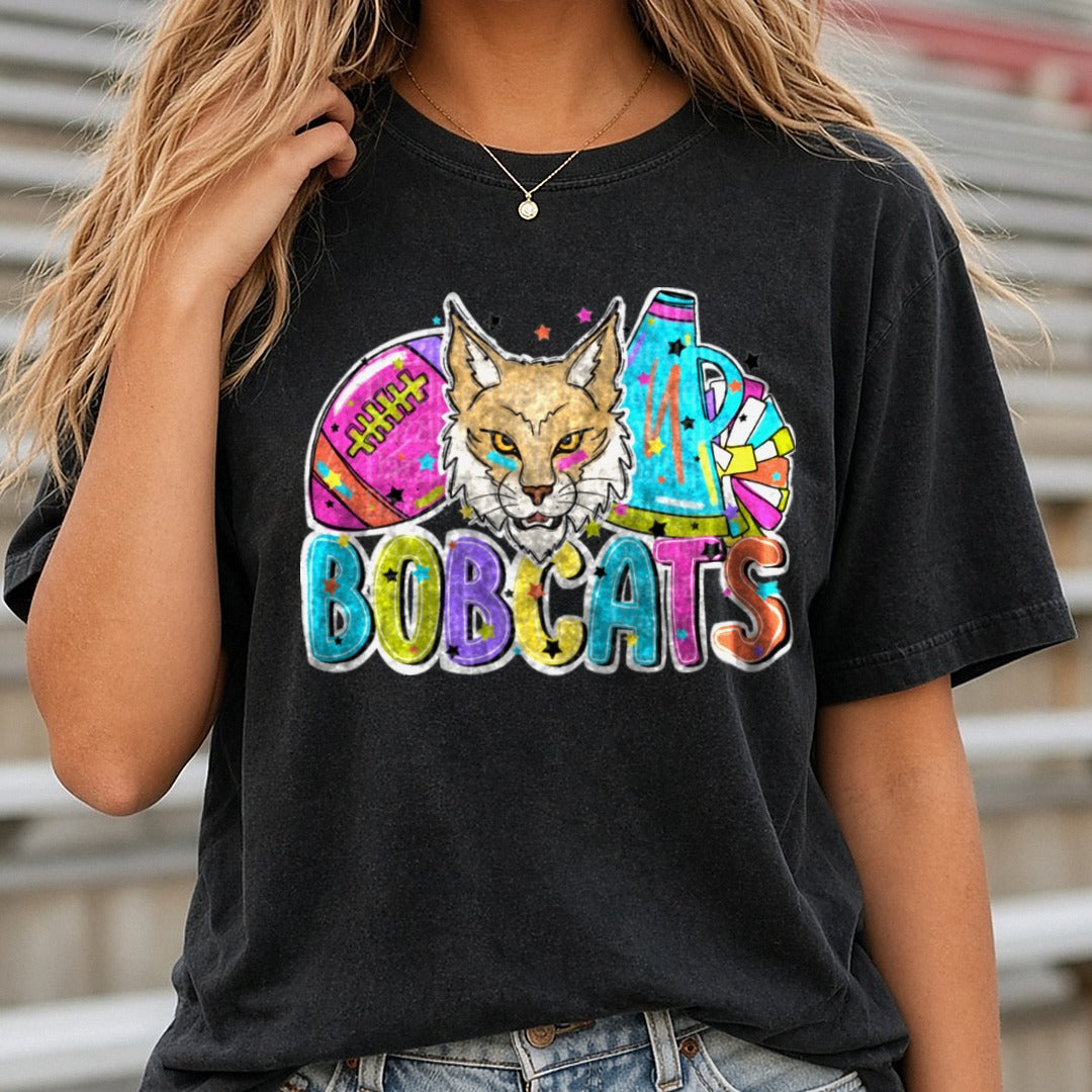 Bobcats Football Cheer Bright DTF transfer shown on a Comfort Colors tee