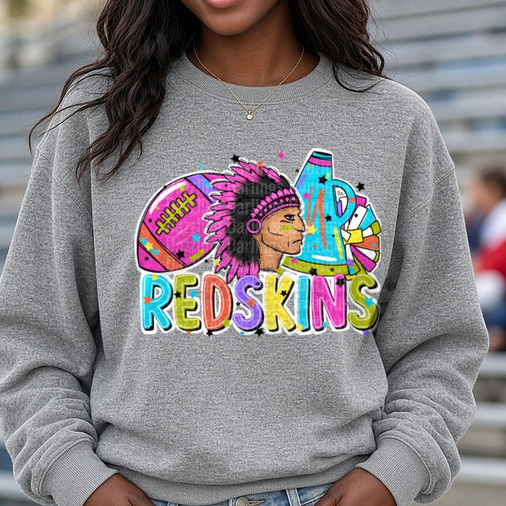 Redskins Football Cheer Bright DTF transfer shown on a Comfort Colors sweatshirt