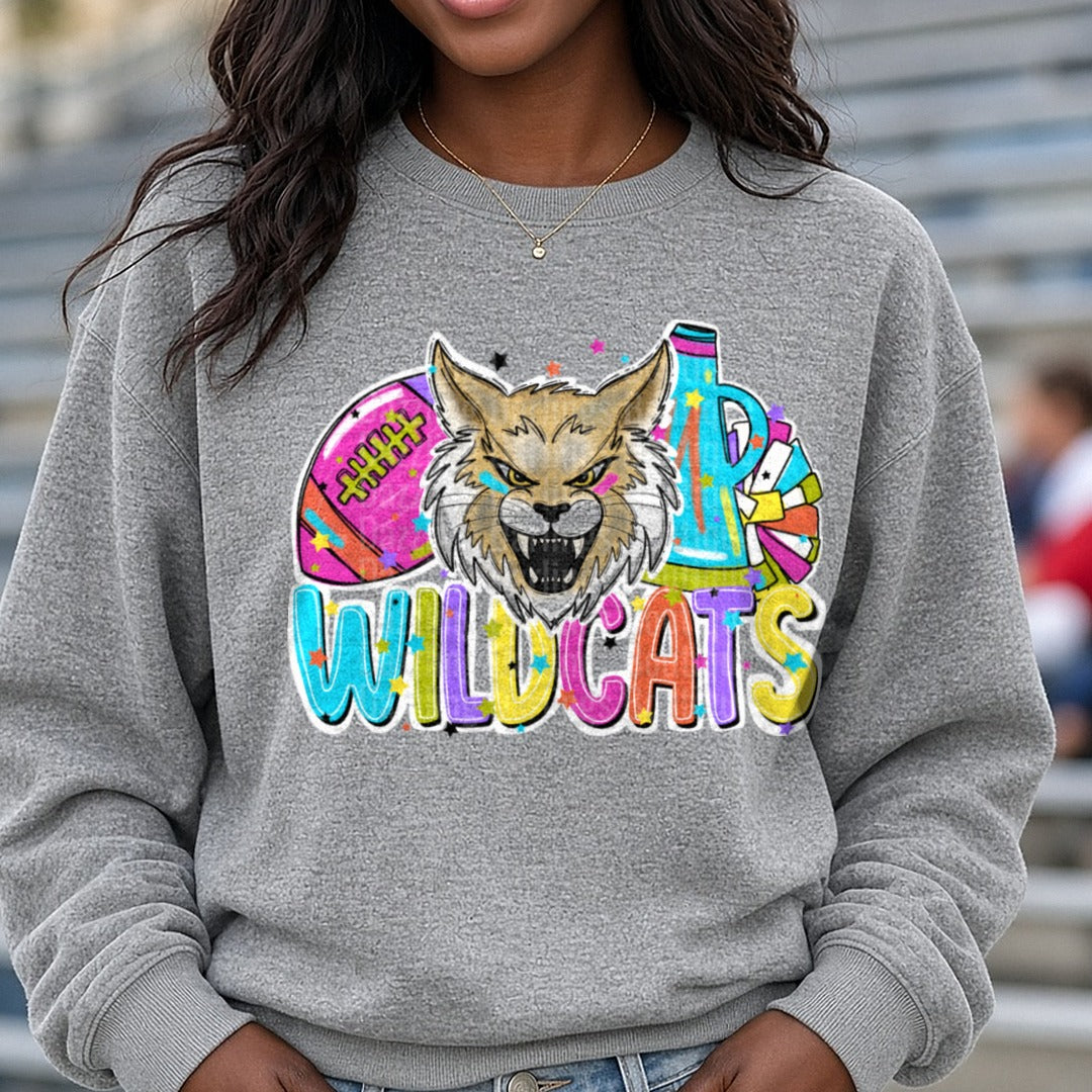 Wildcats Football Cheer Bright DTF transfer shown on a Comfort Colors sweatshirt