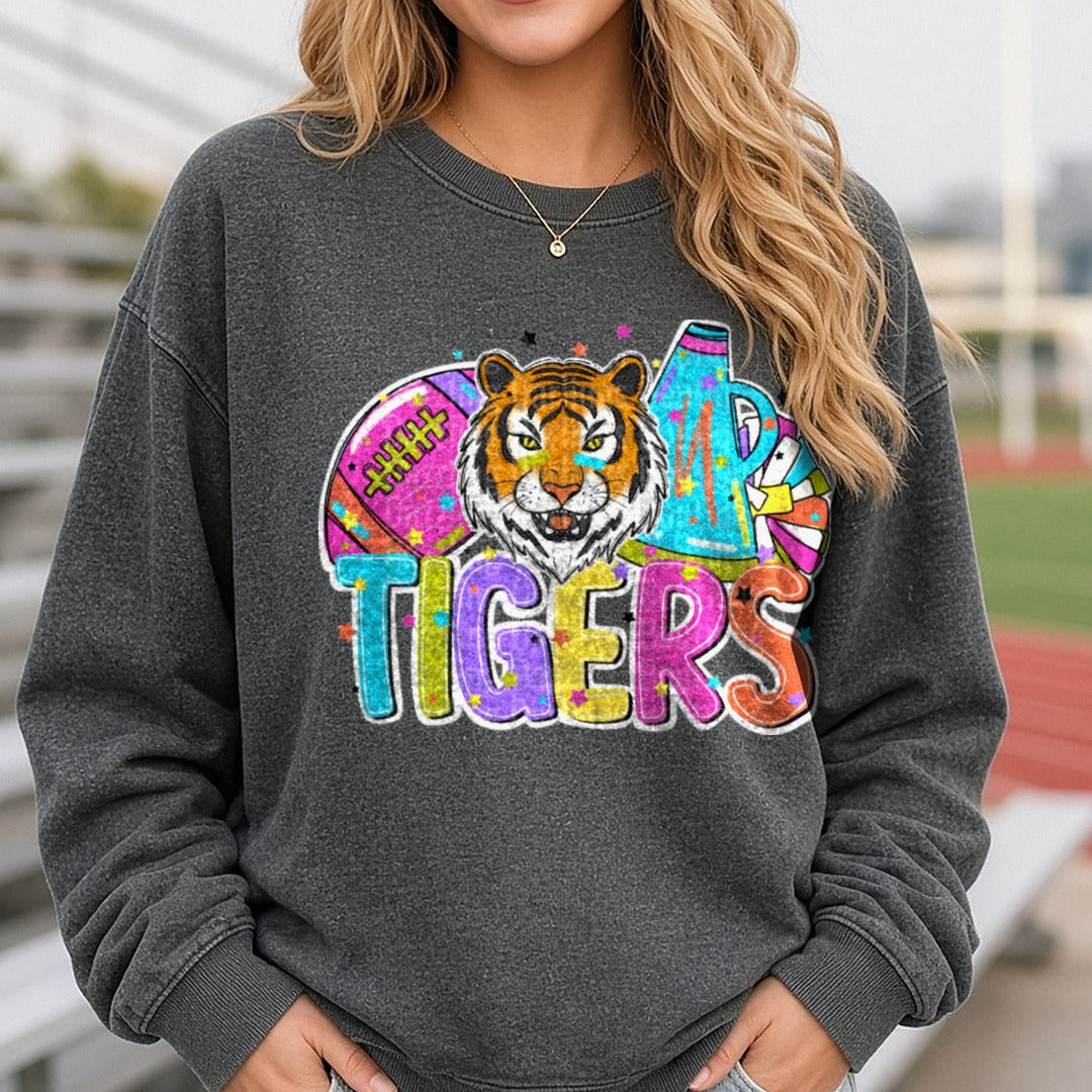 Tigers Football Cheer Bright DTF transfer shown on a Comfort Colors sweatshirt