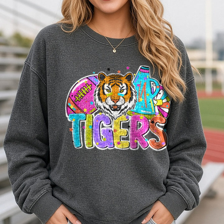 Tigers Football Cheer Bright DTF transfer shown on a Comfort Colors sweatshirt