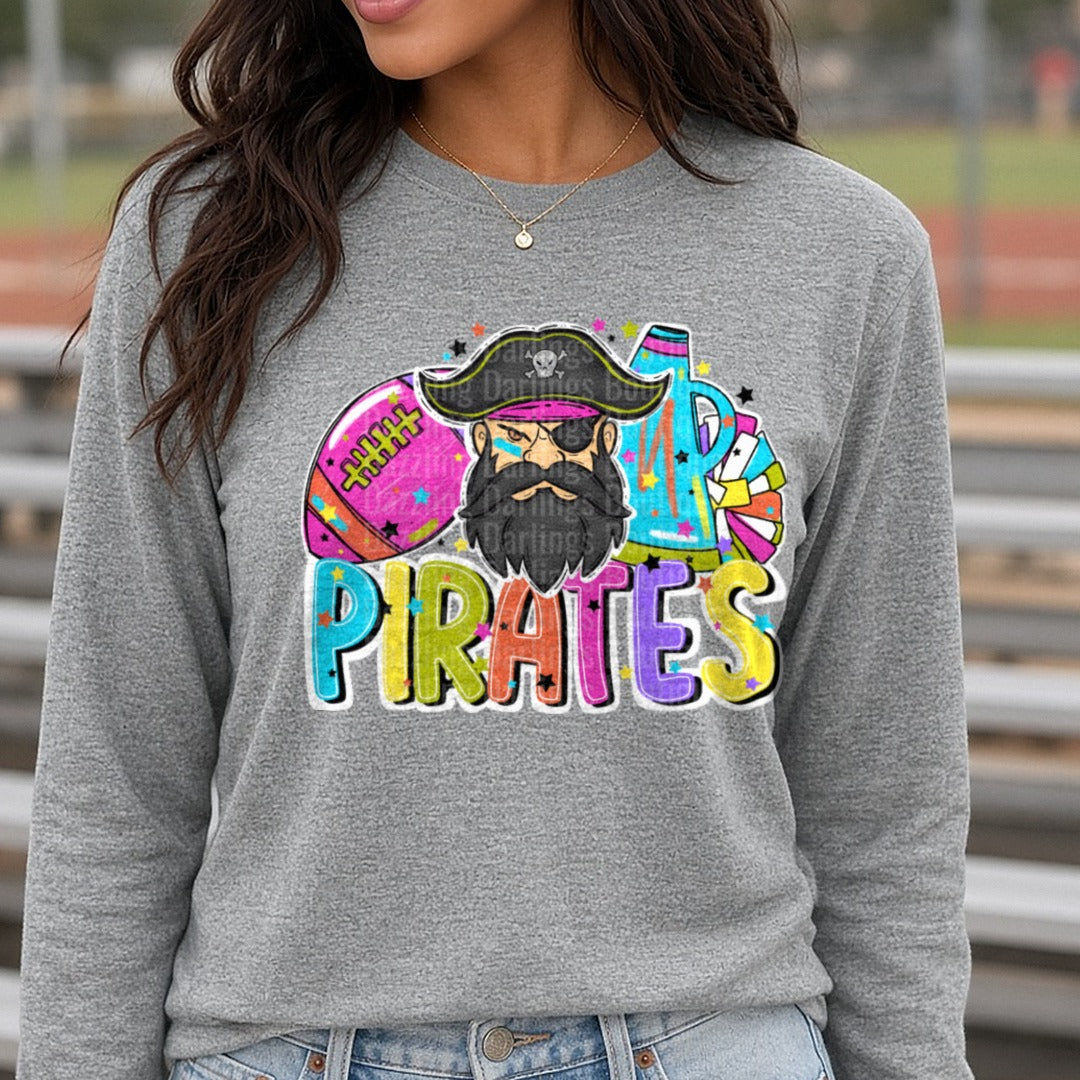 Pirates Football Cheer Bright DTF transfer shown on a Comfort Colors long sleeve tee