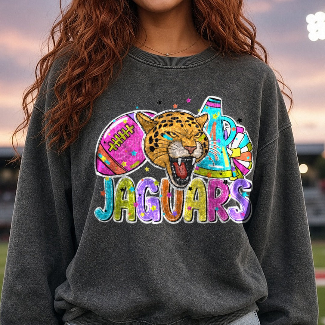 Jaguars Football Cheer Bright DTF transfer shown on a Comfort Colors sweatshirt