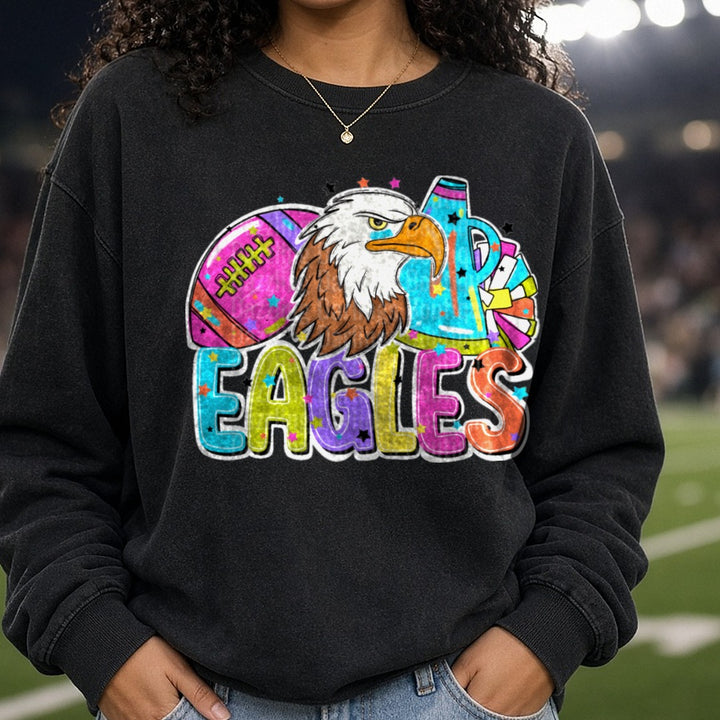 Eagles Football Cheer Bright DTF transfer shown on a Comfort Colors sweatshirt