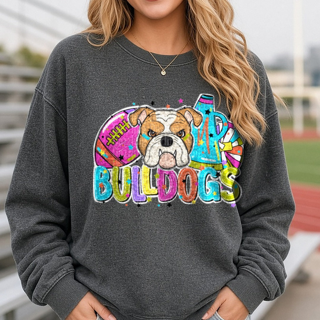 Bulldogs Football Cheer Bright DTF transfer shown on a Comfort Colors sweatshirt