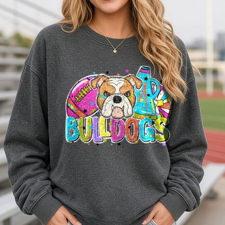 Bulldogs Football Cheer Bright DTF transfer shown on a Comfort Colors sweatshirt