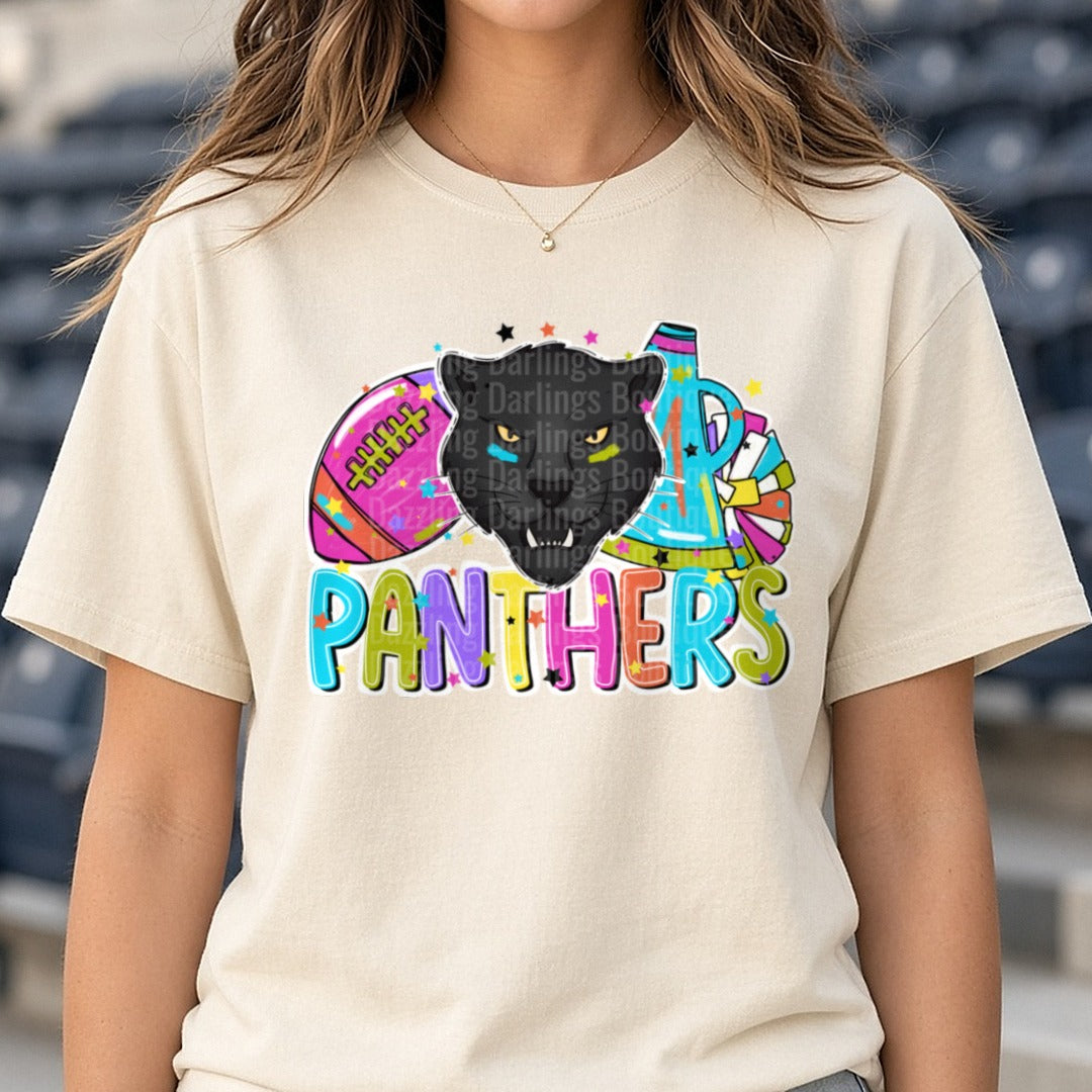 Panthers Football Cheer Bright DTF transfer shown on a Comfort Colors tee