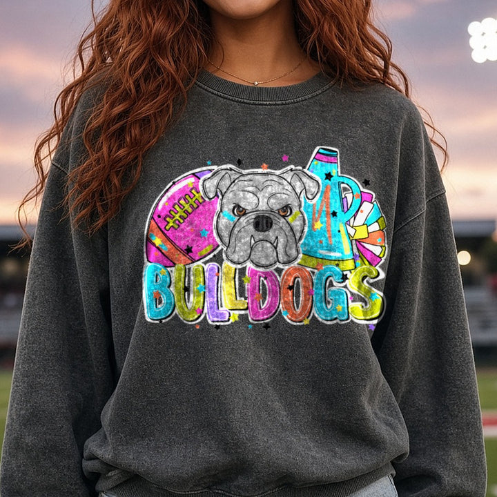 Bulldogs Football Cheer Bright Gray Bulldog DTF transfer shown on a Comfort Colors sweatshirt