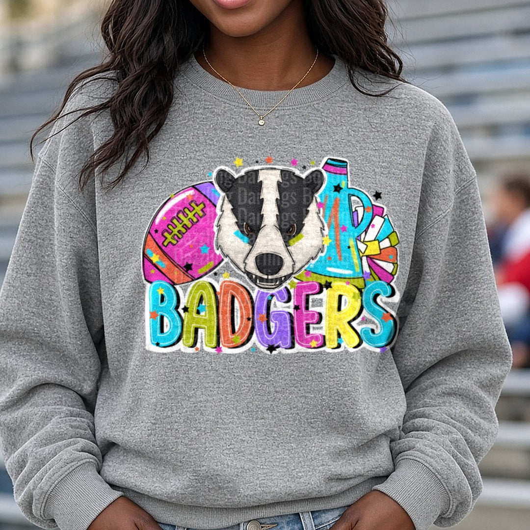 Badgers Football Cheer Bright DTF transfer shown on a Comfort Colors sweatshirt