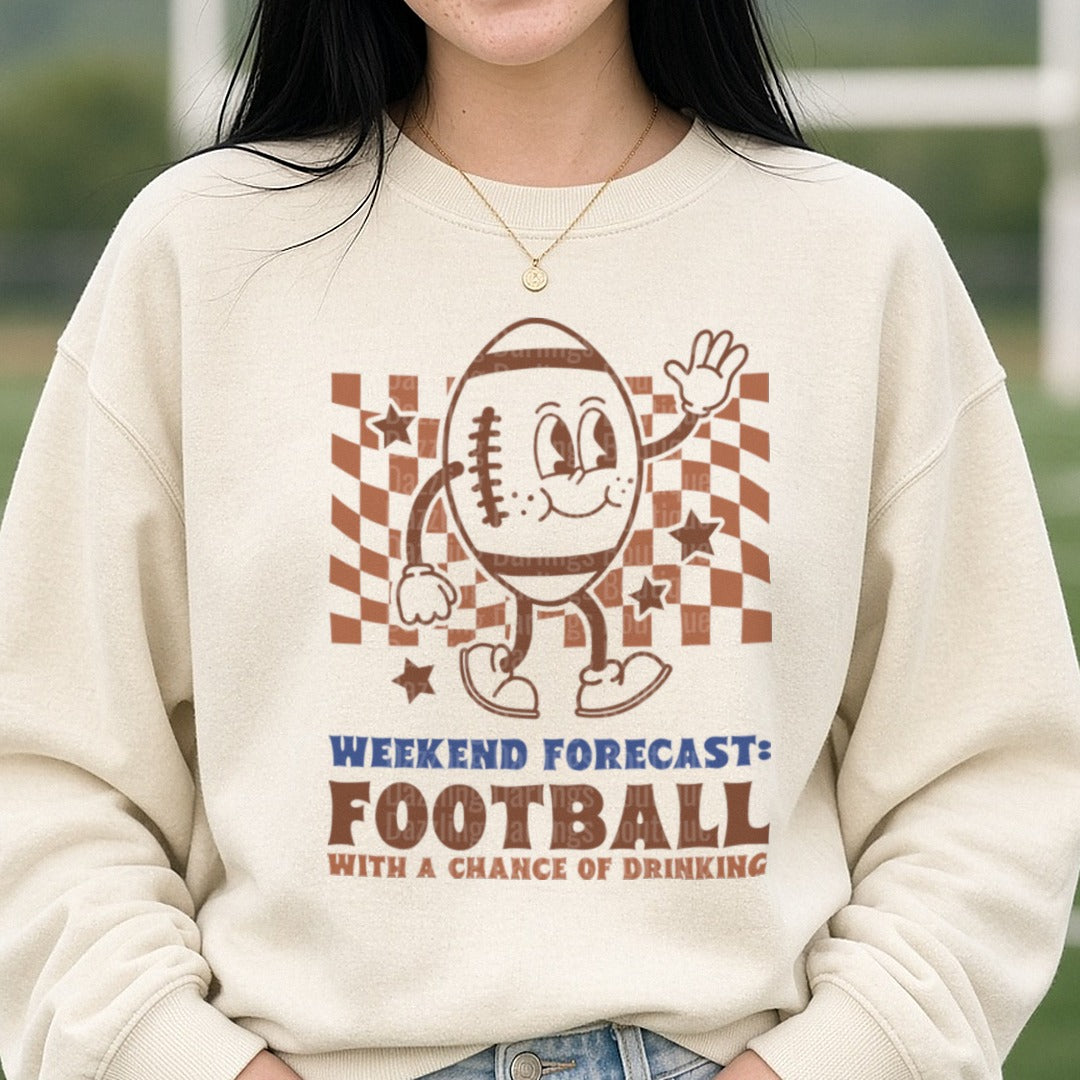Football Weekend Forecast Retro DTF transfer shown on a Comfort Colors sweatshirt