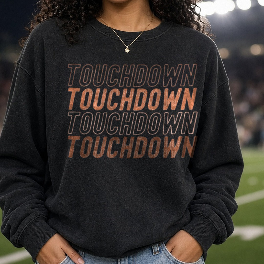 Football Touchdown Brown DTF transfer shown on a Comfort Colors sweatshirt