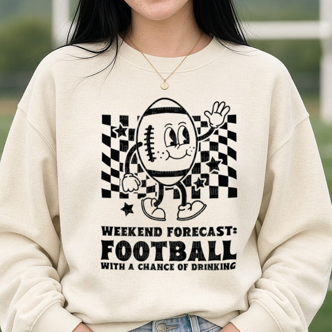 Football Weekend Forecast Black DTF transfer shown on a Comfort Colors sweatshirt