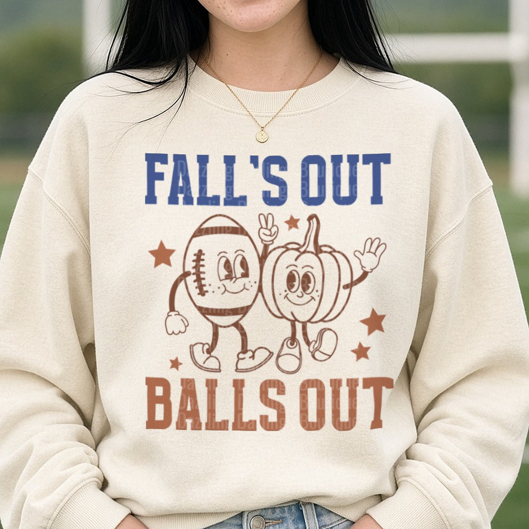 Football Fall's Out Balls Out DTF transfer shown on a Comfort Colors sweatshirt