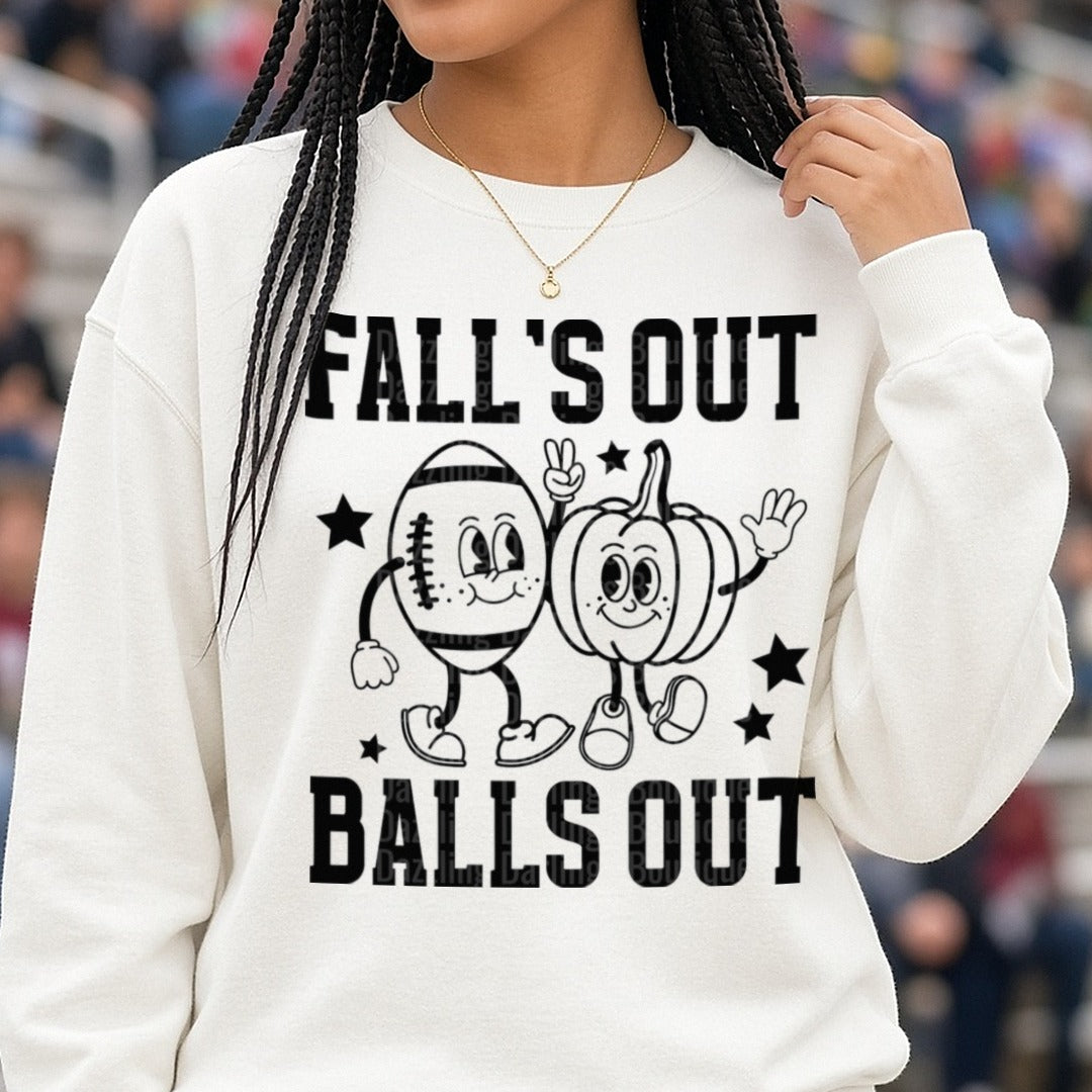 Football Fall's Out Balls Out Black Outline DTF transfer shown on a Comfort Colors sweatshirt