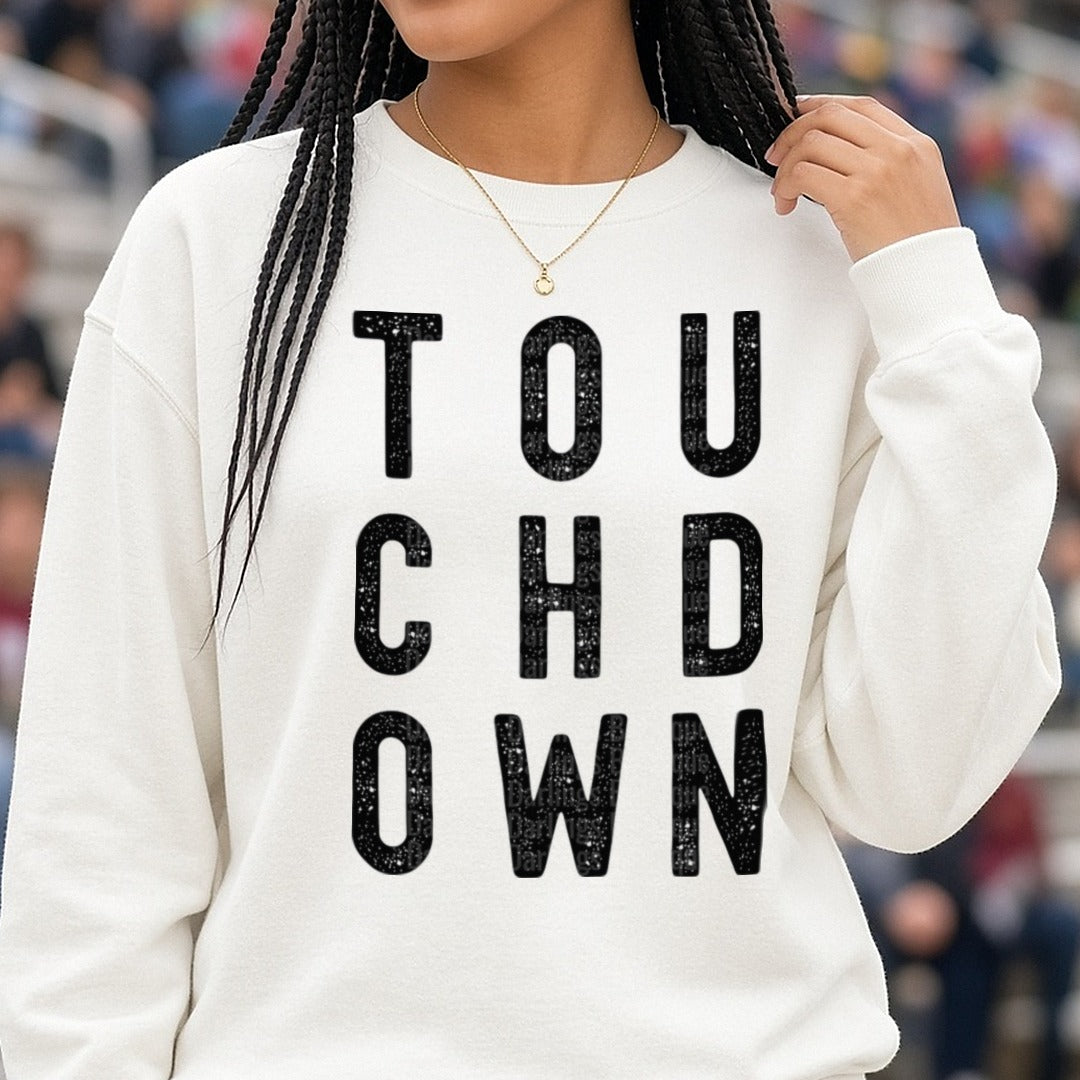 Football Touchdown Black DTF transfer shown on a Comfort Colors sweatshirt