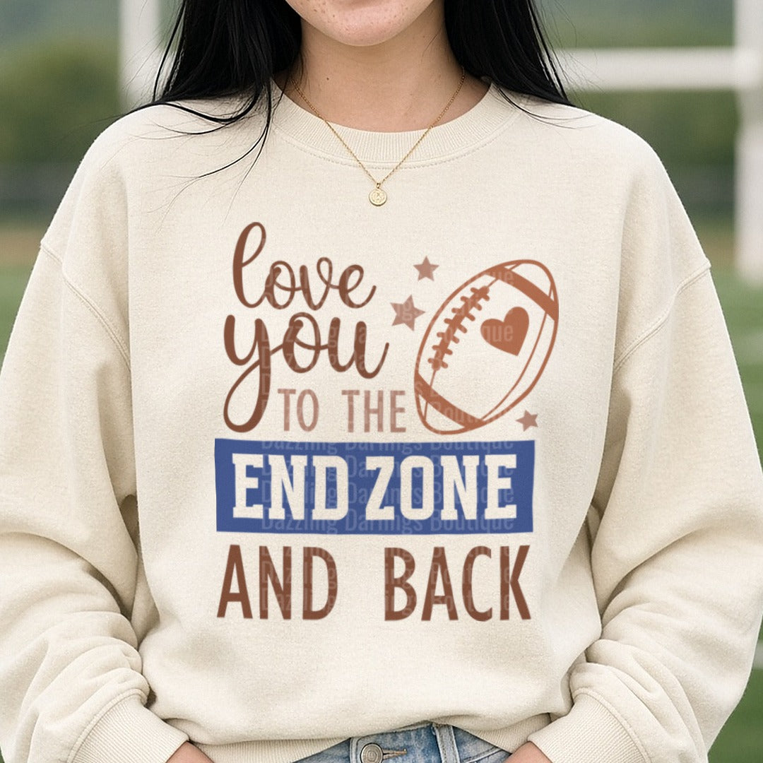 Football Love You to the End Zone and Back Brown DTF transfer shown on a Comfort Colors sweatshirt