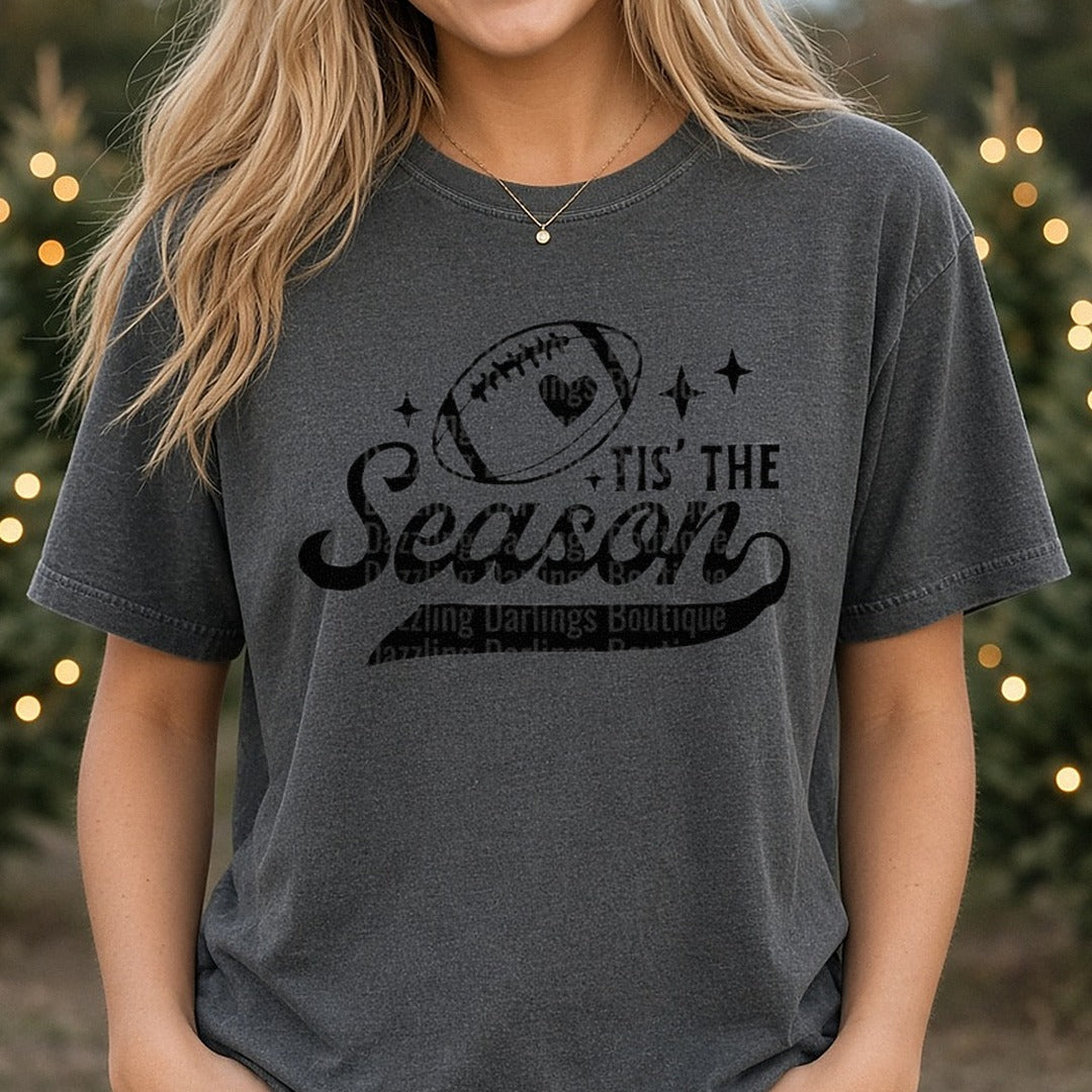 Football Tis the Season Black DTF transfer shown on a Comfort Colors tee