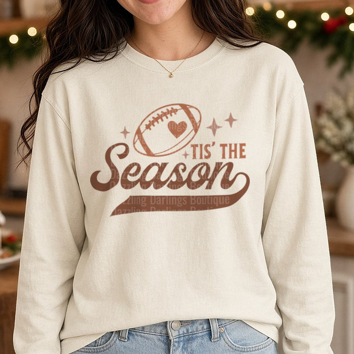 Football Tis the Season Brown DTF transfer shown on a Comfort Colors long sleeve tee