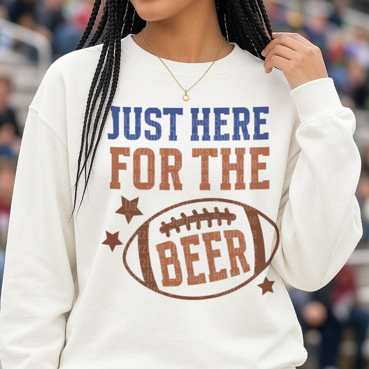 Football Just Here for the Beer Brown DTF transfer shown on a Comfort Colors sweatshirt