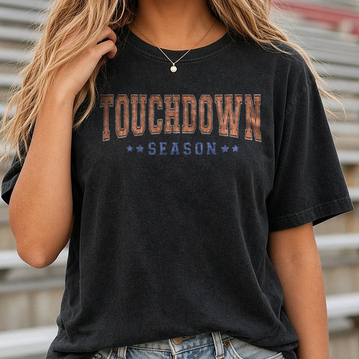 Football Touchdown Season Brown DTF transfer shown on a Comfort Colors tee