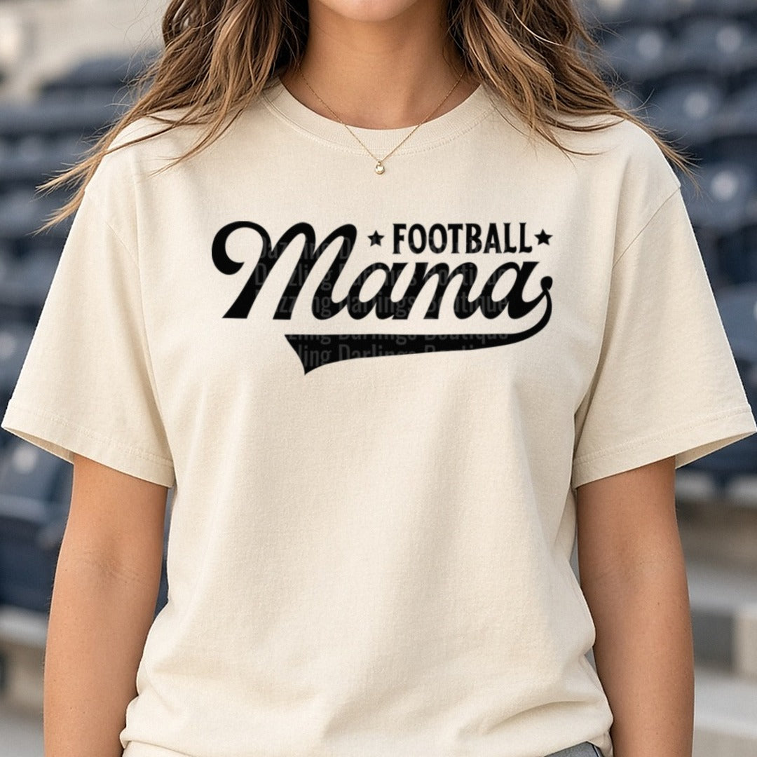 Football Mama Black DTF transfer shown on a Comfort Colors tee