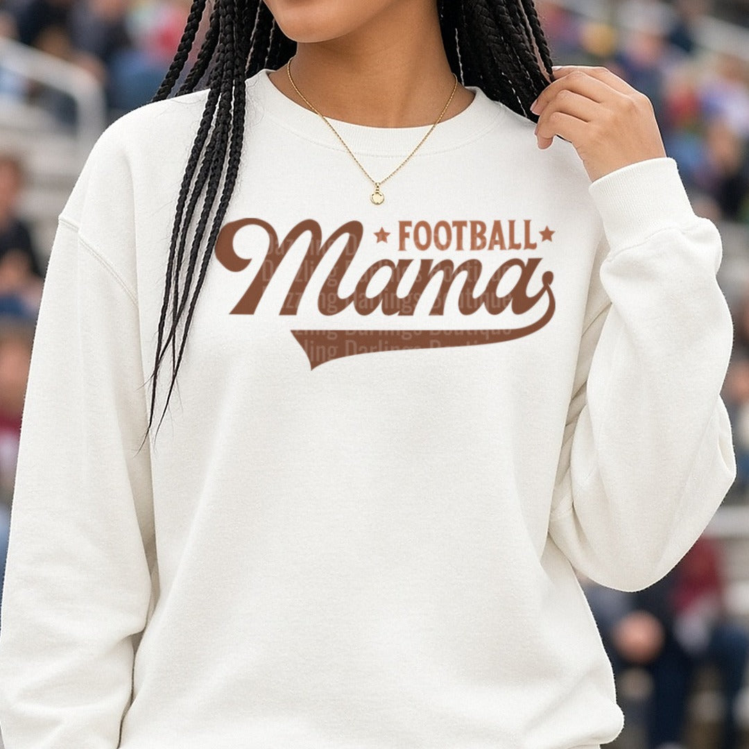 Football Mama Brown DTF transfer shown on a Comfort Colors sweatshirt