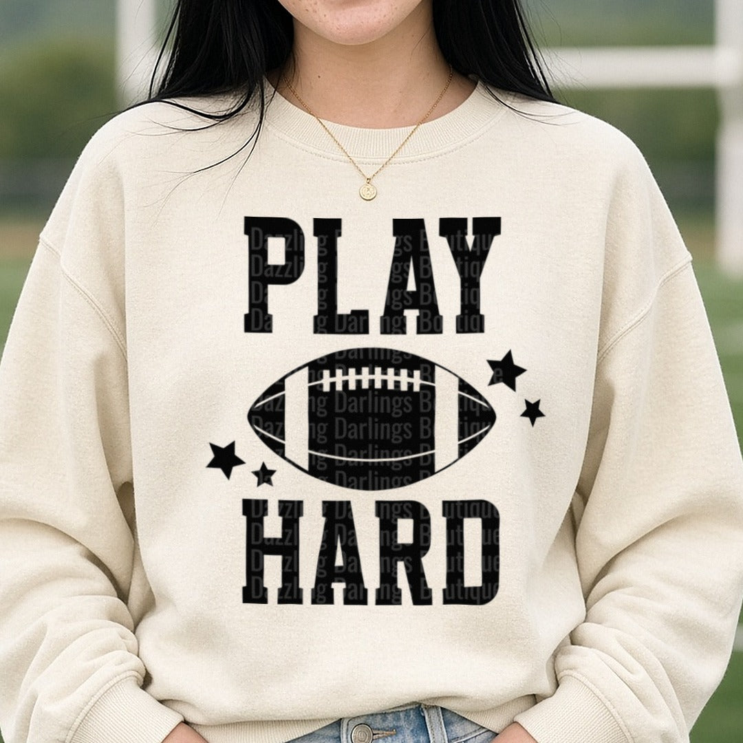 Football Play Hard Black DTF transfer shown on a Comfort Colors sweatshirt