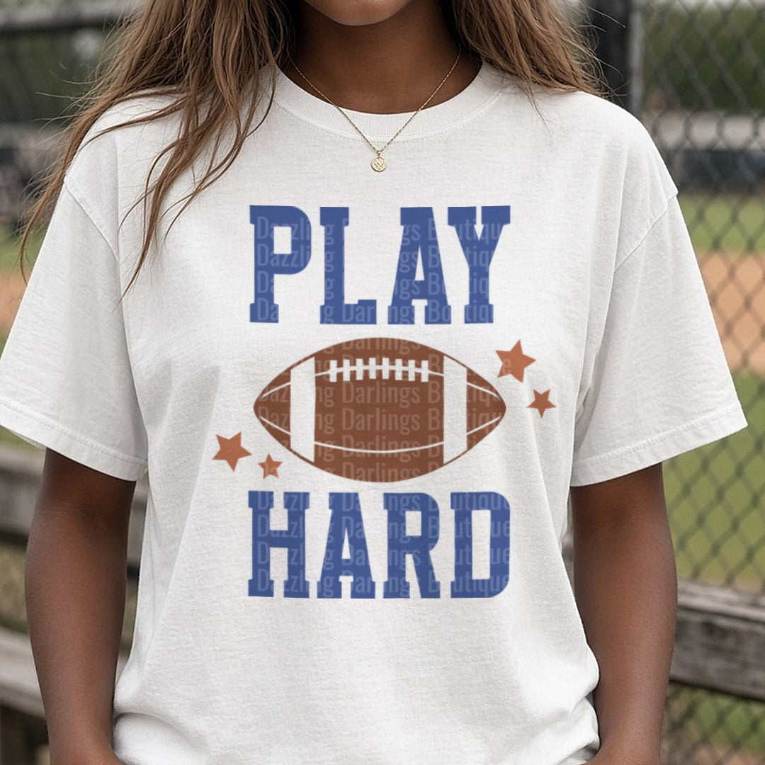 Football Play Hard Brown Blue DTF transfer shown on a Comfort Colors tee