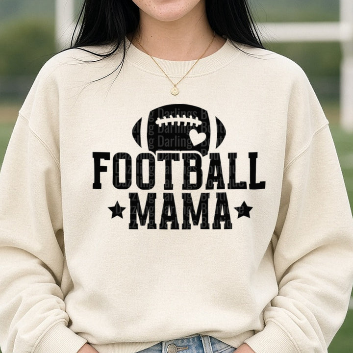 Football Mama Black Football Block Letters Stars DTF transfer shown on a Comfort Colors sweatshirt