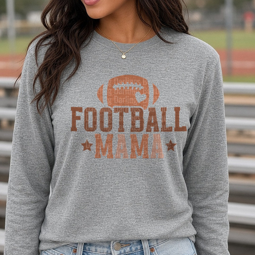 Football Mama Brown Football Block Letters Stars DTF transfer shown on a Comfort Colors long sleeve tee