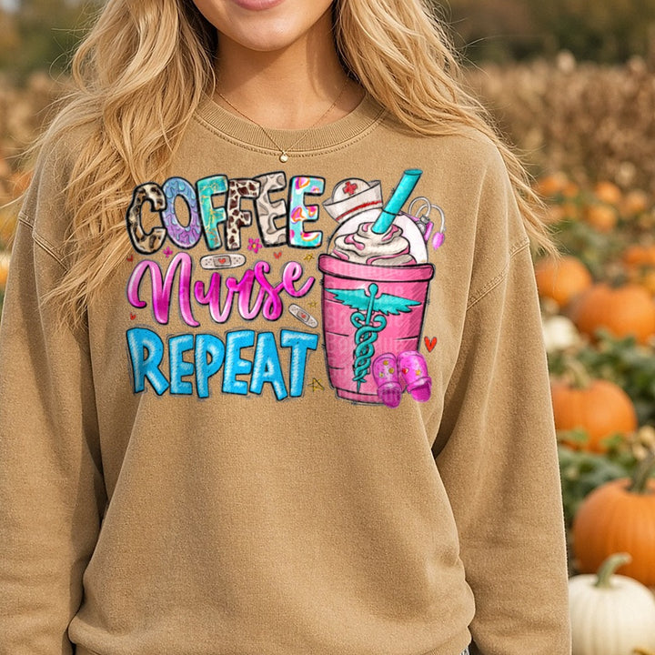 Coffee Nurse Repeat DTF transfer shown on a Comfort Colors sweatshirt